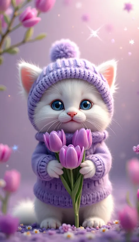 A super cute and fluffy white kitten wearing a lavender knitted sweater with pom-poms on the hat, holding a bouquet of purple tulips. The background is dreamy and soft with a magical atmosphere, featuring blurred flowers and sparkles. The kitten has big, e...