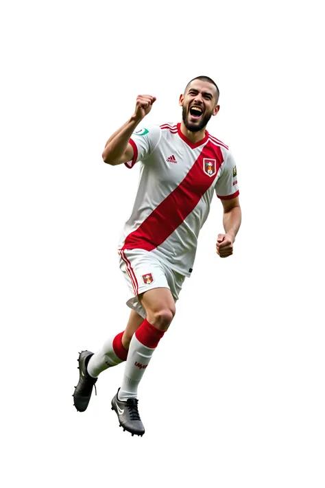 Full body shot of male Peruvian soccer player, shaved head, no beard, shaved face, happy expressive face, celebrate win pose, wearing white red Peruvian soccer uniform. Detailed and dynamic action pose, full body shot, natural lighting, photorealistic, rea...