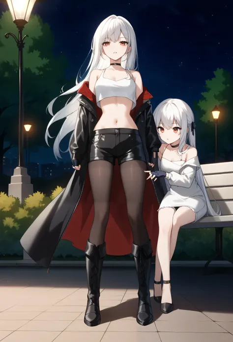 2 girl, white hair, long hair, red eye, night, park, She is wearing park, dongtan dress, white dress, black footwear, black gloves, leather jacket, black jacket, off shoulder jacket, crop top, black fingerless gloves, black shorts, black pantyhose, knee bo...