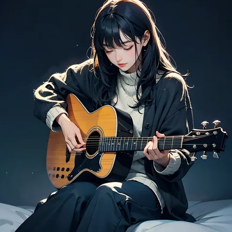  playing guitars、 long black hair、 has bangs、 Princess cut、warm winter clothes,  background:  classic car、night