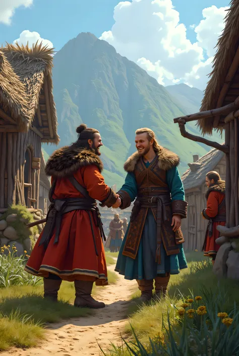 **Prompt:** Envision a vibrant and richly detailed landscape of a medieval Viking village nestled in the rugged terrains of Northern Europe, where villagers exchange warm greetings and respectful conversation. Capture the scene with hyper-realistic precisi...