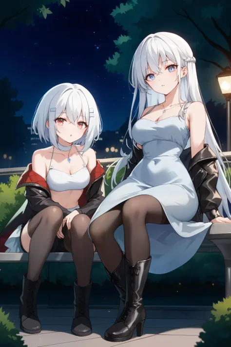 2 girls, white hair, long hair, red eye, blue eye, odd eyes, night, park, She is inside park, dongtan dress, white dress, A girl in a dress and a woman in a black leather jacket and crop top and black shorts and black pantyhose and knee boots, front shots,