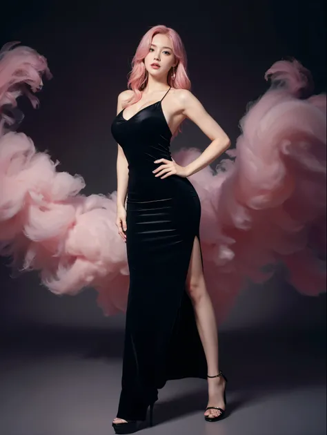 best quality,masterpiece,ultra high resolution,(actual:1.4),original photo,ultra high definition，8K，there is a woman，goddess，fair skin，pink hair，black long dress，High heel，long legs，Confident, beautiful and generous，temperament, huge breast, standing and p...