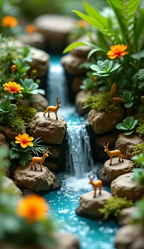 A miniature diorama of a waterfall cascading down rocky terrain, nestled within a lush tropical environment.  The scene is centered in the frame, showcasing meticulously crafted miniature rocks, plants, and figures.  Various types of plants, including fern...