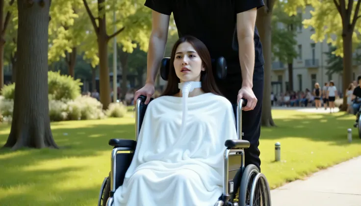 "A young woman, paralyzed and dependent on a ventilator, as indicated by the breathing tube attached to her neck, is seated in a reclining wheelchair with a supportive headrest. She is dressed in a long skirt, and her entire body from neck to feet is wrapp...