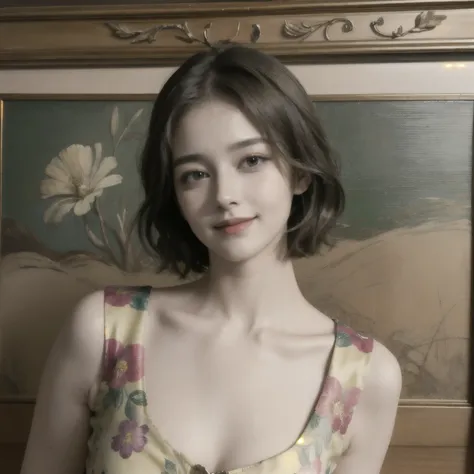 358 (20-year-old woman),( short hair ), ( High Definition Photos ), (smile), (colorful floral dress), (Leonardo da Vinci paintings)