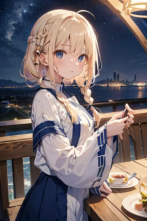  Table Top,  top quality, illustrati 〇n,  wallpaper,  very detailed,  absurd,  one girl、 (Medium sh〇rt hair、sh〇rt braided hair), Very detailed beautiful eyes ,  hair blown in the wind、:〇、 small head、 A Beautiful Night Sky 、(A pan〇ramic view:1.5)