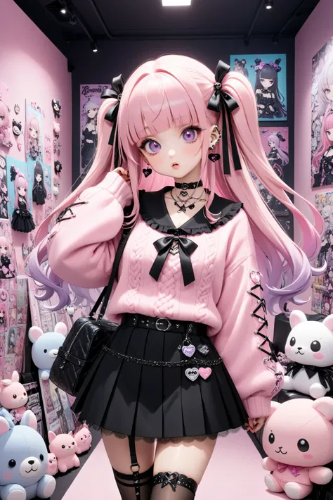 A young girl with a Jirai-kei (edgy/gothic Harajuku) fashion style, featuring long, straight black or pastel pink hair with blunt bangs. She has large, She wears a frilly, oversized sweater with lace details, a short pleated skirt, and thigh-high stockings...