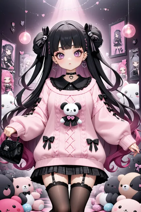 A young girl with a Jirai-kei (edgy/gothic Harajuku) fashion style, featuring long, She has large, She wears a frilly, oversized sweater with lace details, a short pleated skirt, and thigh-high stockings with ribbons. Her accessories include multiple pierc...