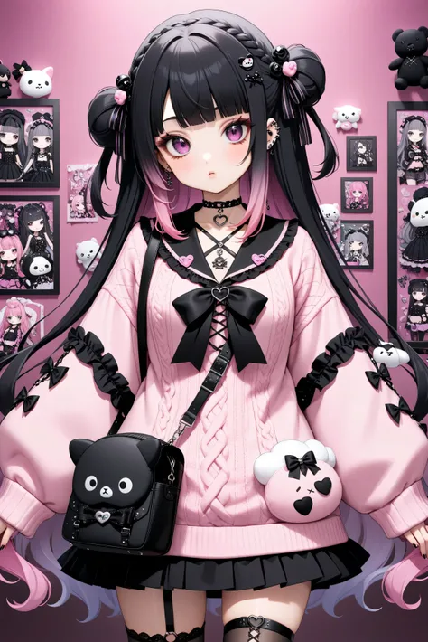 A young girl with a Jirai-kei (edgy/gothic Harajuku) fashion style, featuring long, She has large, She wears a frilly, oversized sweater with lace details, a short pleated skirt, and thigh-high stockings with ribbons. Her accessories include multiple pierc...