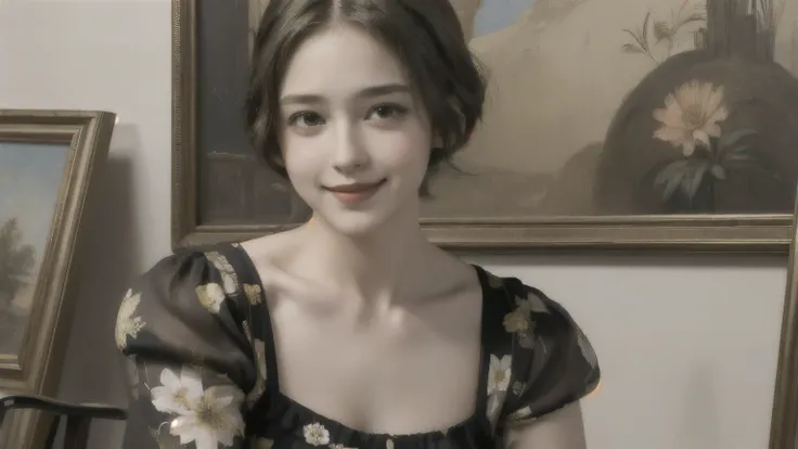 358 (20-year-old woman),( short hair ), ( High Definition Photos ), (smile), (colorful floral dress), (Leonardo da Vinci paintings)