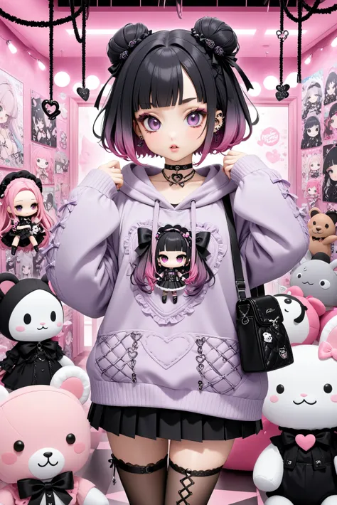 A young girl with a Jirai-kei (edgy/gothic Harajuku) fashion style, featuring long, She has large, She wears a frilly, oversized sweater with lace details, a short pleated skirt, and thigh-high stockings with ribbons. Her accessories include multiple pierc...