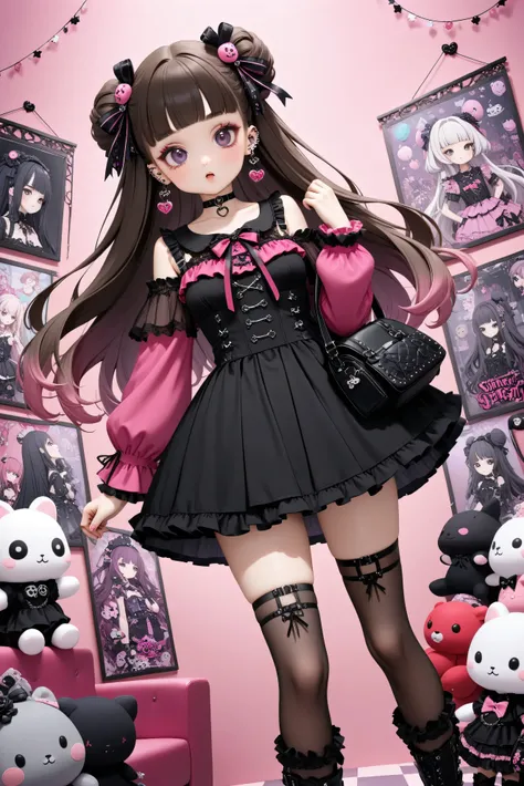 A young girl with a Jirai-kei (edgy/gothic Harajuku) fashion style, featuring long, She has large, She wears a frilly, Ruffled pink shirt with a pale collar with lace details, a short pleated skirt, and thigh-high stockings with ribbons. Her accessories in...