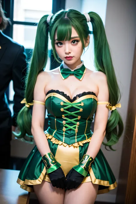 (( best quality)), (( masterpiece)), (  Details), 1 girl,, green hair, idol costume, long hair,twin tails, odd-eye