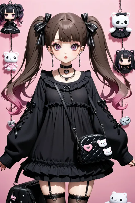 A young girl with a Jirai-kei (edgy/gothic Harajuku) fashion style, featuring long, She has large, She wears a frilly, oversized sweater with lace details, a short pleated skirt, and thigh-high stockings with ribbons. Her accessories include multiple pierc...