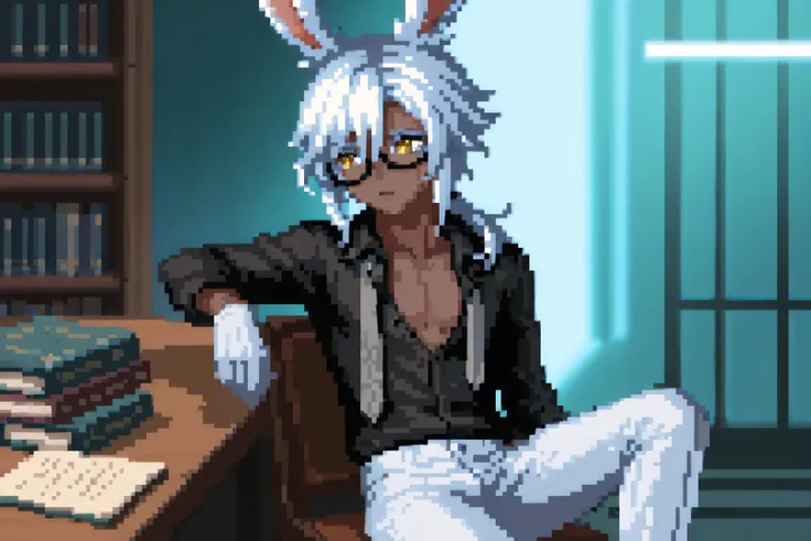 sage (final fantasy), warrior of light (ff14), final fantasy, final fantasy xiv, 1boy, animal ears, bishounen, black eyewear, black shirt, books, bookshelf, chair, collared shirt, colored eyelashes, dark-skinned male, dark skin, formal clothes, glasses, gl...
