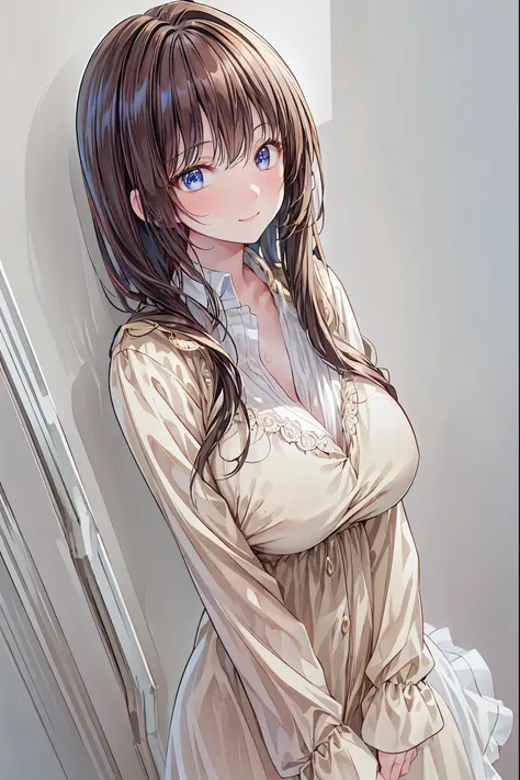 Official art,  wallpaper,  very well detailed, ((( very well detailedな目と顔))),   real portrait  , ( best quality,  masterpiece,  high resolution), ( high resolutionスキン: 1.2),  8K ultra HD, backlight,   Background Blur , smile,  one woman,  a woman in a whit...