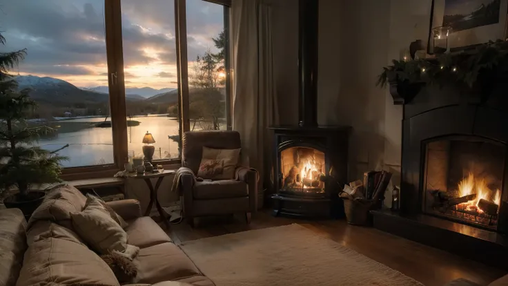 arafed living room with a fireplace and a view of a lake, a picture inspired by Einar Hakonarson, reddit, romanticism, cozy place, winter setting, cozy and peaceful atmosphere, cozy and calm, warm beautiful scene, relaxing environment, cosy atmoshpere, coz...