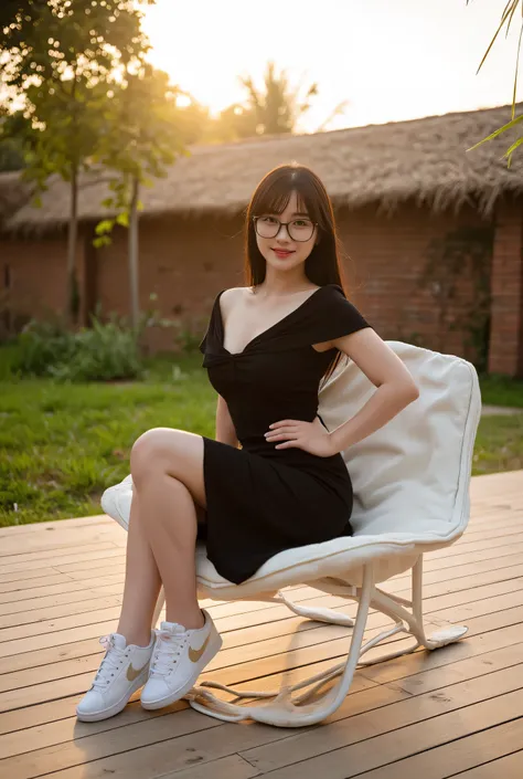 " Amateur photo of a woman with a natural appearance , without makeup.  She has fair skin,  a light smile with a slightly open mouth ,  long black hair with fringes and square glasses ,  exuding a casual and sensual vibe.  She wears an elegant black dress ...