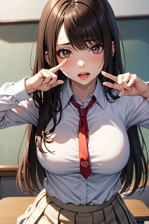 adult woman,  alone,  sexy, 8k resolution,(( best quality)),  super high resolution, (distressed face), (brown eyes on the frame),  beautiful symmetrical face  , ( brown long hair), white Y shirt, uniform skirt that will hold your chest,Realistic:1.4, by N...