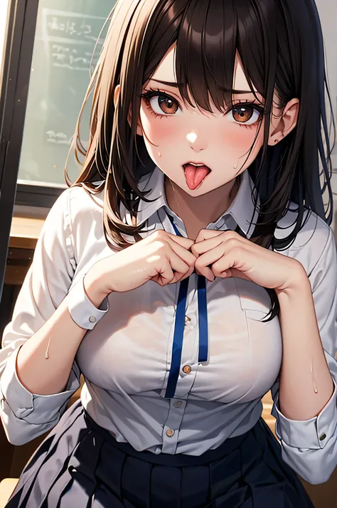 adult woman,  alone,  sexy, 8k resolution,(( best quality)),  super high resolution, (distressed face), (brown eyes on the frame),  beautiful symmetrical face  , ( brown long hair), white Y shirt, uniform skirt that will hold your chest,Realistic:1.4, by N...