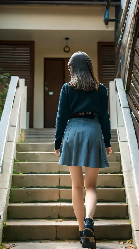 (8k, Top quality, Masterpiece:1.2), (realistic, photo-realistic:1.37), Super detailed, perfect anatomy, cute, small eyes, 1, a Japanese, girl, mini skirt, walking stairs, back shot, old micro miniskirt looking at the top of the stairs very short miniskirt