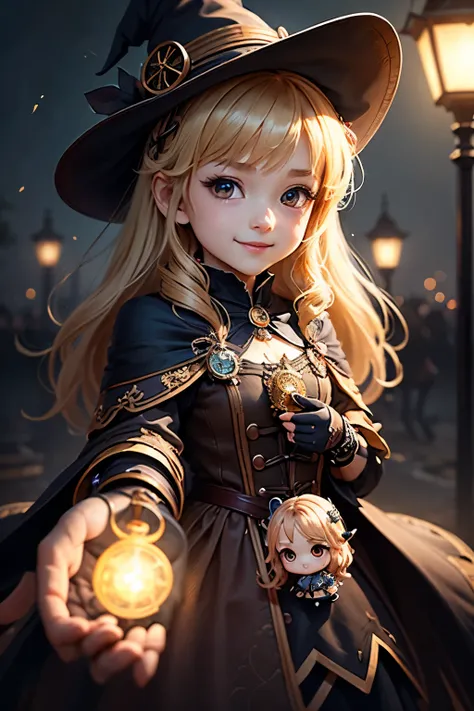 ( best quality:1.2)。steampunk。one girl。 Little cute witch 。( chibi:1.3)。light brown fluffy long hair。 Smile。profile。7 small magic lights floating in the air。Fantastic soft light。Wrap one of them in your hands。staring into the palm of your hand。 background ...