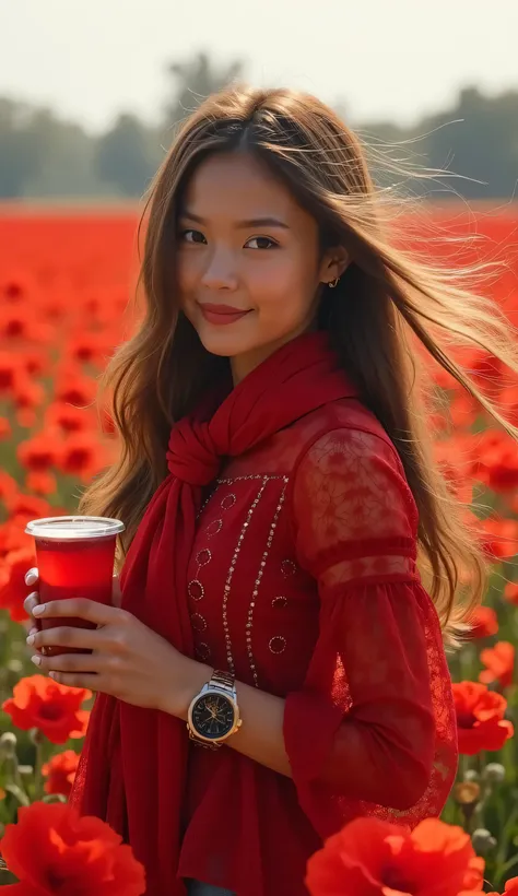 A 20-year-old girl is standing in a field of red flowers. The girl has a round face, long hair blowing in the wind, a red lace blouse decorated with red stones, a scarf floating in the wind, a cup of red drink in her hand, a beautiful face, an expensive wa...