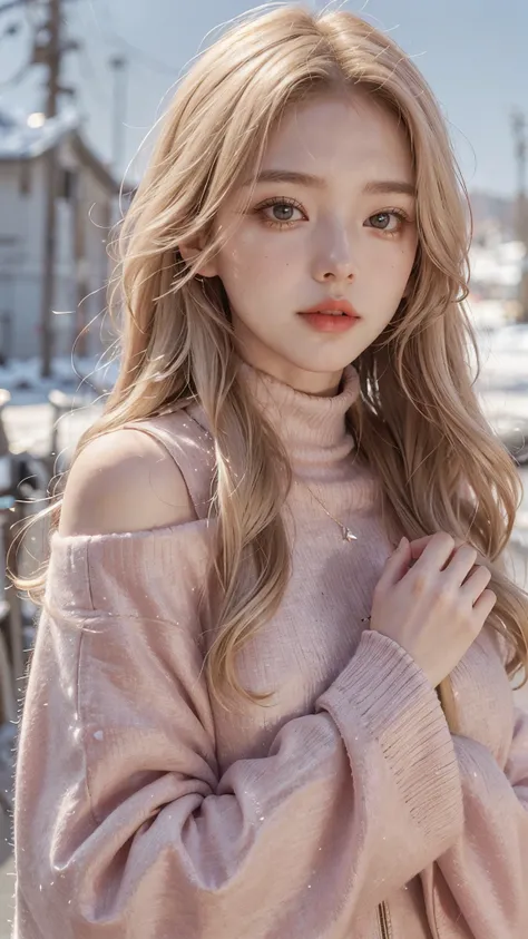 Girl wearing, luxury pink  coat, shoulder length hair, wavy hair, glowing skin, star in eye, red lips, field blur background, cute poses , upper body, light blonde hair , winter clothes, Black turtle neck inside 