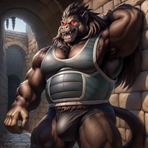 solo, breath (ultra detailed), a beautiful and detailed full size portrait of a male anthro gorilla, oozaru, brown fur, fur body, monkey tail, long hair, red eyes, close up view, glowing eyes, empty eyes, tail, bedroom eyes, detailed eyes, big body, sexy b...