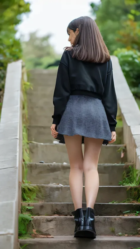 (8k, Top quality, Masterpiece:1.2), (realistic, photo-realistic:1.37), Super detailed, perfect anatomy, cute, small eyes, 1, a Japanese, girl, mini skirt, walking stairs, back shot, old looking at the top of the stairs （（（ micro mini skirt with short ruthl...