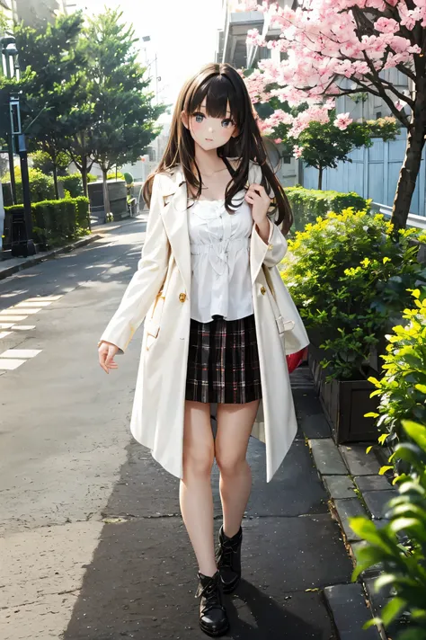 young woman wearing a stylish spring coat walks through a park lined with cherry blossoms in full bloom. She has long, dark brown, straight hair that reaches her chest. She wears a crisp white blouse tucked into a chic Glen check-patterned skirt. The soft...
