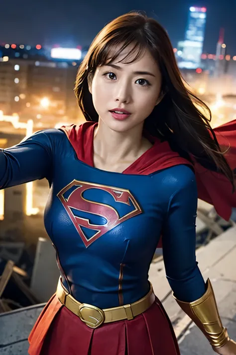  Supergirl,  Panchira,  fighting strong enemies ,   looking at the front camera  ,  I fly through the sky ,  expression full of seriousness and determination , Aerial,  directly above the destroyed skyscraper at night ,  night view, whole body,  the red sk...