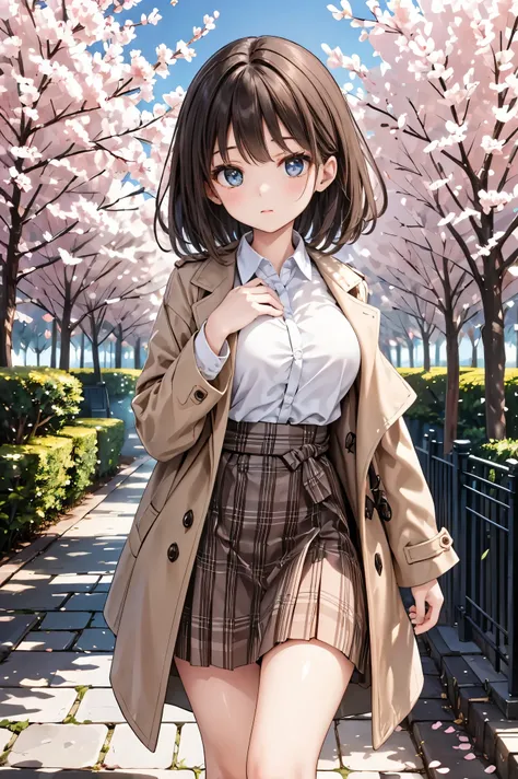  young woman wearing a stylish spring coat walks through a park lined with cherry blossoms in full bloom. She has long, dark brown, straight hair that reaches her chest. She wears a crisp white blouse tucked into a chic Glen check-patterned skirt. The soft...