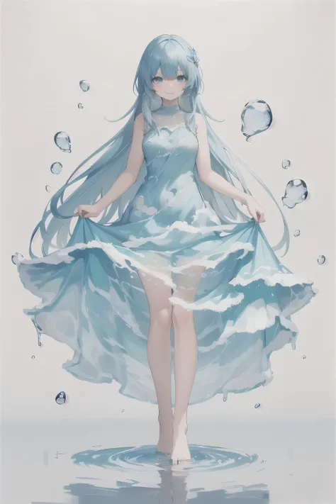 1girl, solo, ((liquid clothes)), liquid clothes, blue theme, 1girl, solo, long hair, dress, barefoot, blue hair, blue eyes, blue nails, nail polish, toenail polish, cloud, toenails, full body, very long hair, sky print, blue dress, standing, sleeveless, lo...