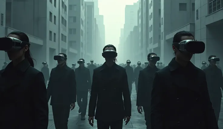 a street scene of city commuters all wearing VR headsets, dystopian, symmetry, dramatic, dark skies