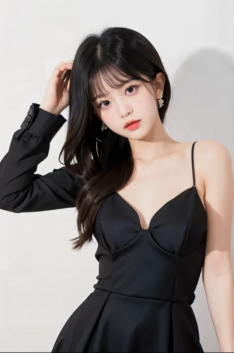1girl, black formal dress, white background, (formal pose), (front angle view)