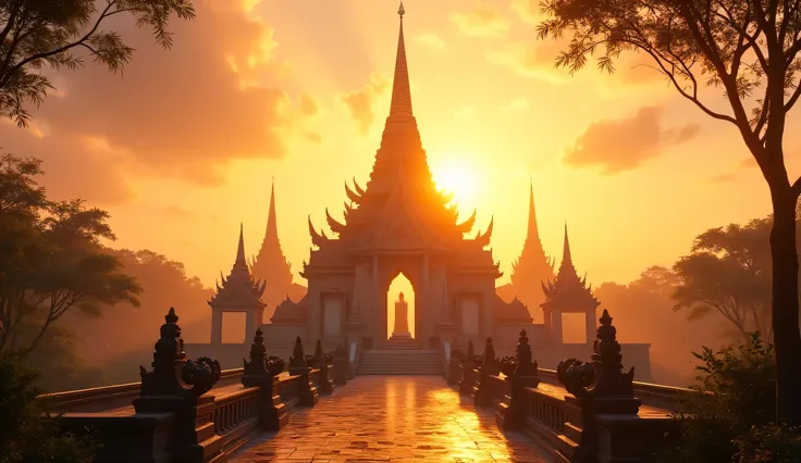 "A grand view of an ancient Thai temple at sunset, with its intricate spires and detailed carvings. The scene conveys a sense of timeless spirituality and cultural richness, with golden light reflecting on the temple’s surfaces."