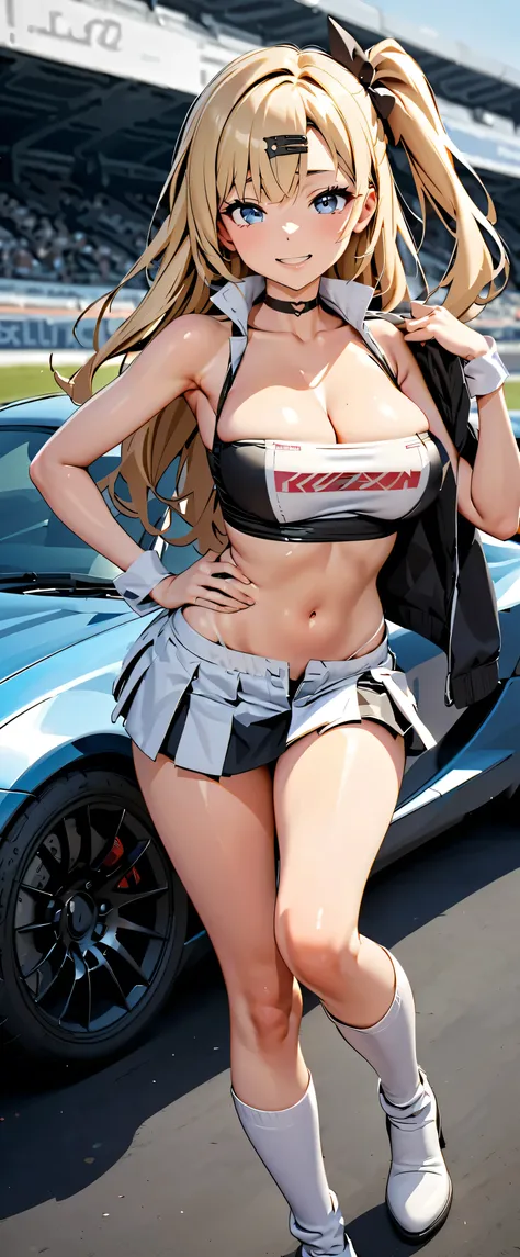  top quality,  ultra high resolution,  One person,   small breasts,  Black Choker, smile,  exposes shoulders,  focus only ,  Watch Viewers ,Fair skin,Car racing track, photon mapping to viewers,  Physically Based Rendering,  RAW photos ,  very detailed bac...