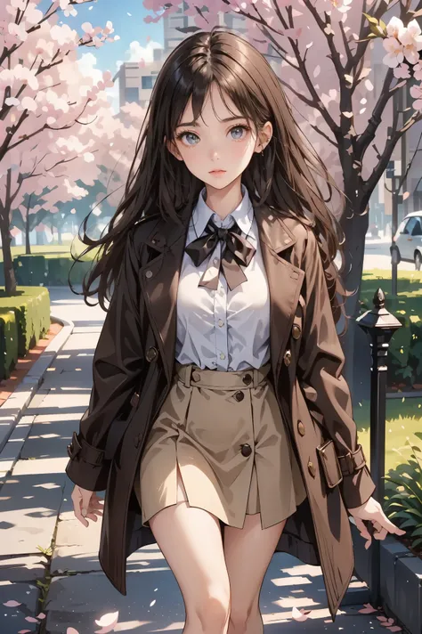 young woman wearing a stylish spring coat walks through a park lined with cherry blossoms in full bloom. She has long, dark brown, straight hair that reaches her chest. She wears a crisp white blouse tucked into a chic Glen check-patterned skirt. The soft...