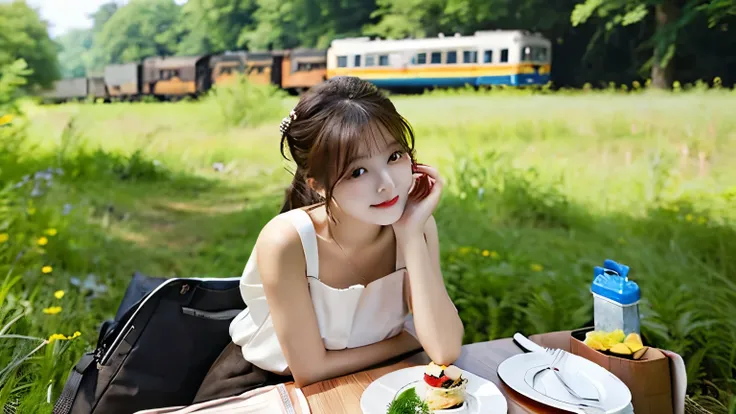 a chinese girl is sitting at picnic table out in the field. Behind her got a train that is passing by, there is railway track