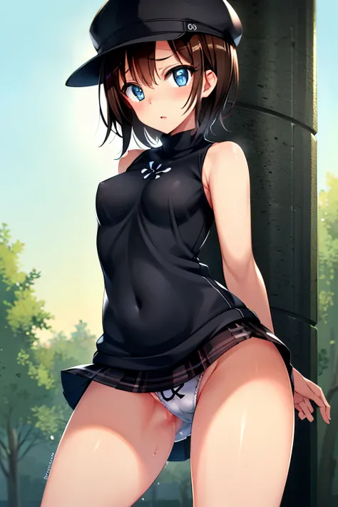   masterpiece ,    top quality,    absurd,  (  1 girl , Helga Haruka   ,    blue eyes,    brown hair,    short hair  ,  Brown hat,, black sweater  ,  sleeveless turtleneck covered by clothing on the chest, plaid skirt with a black tube , white panties,perf...