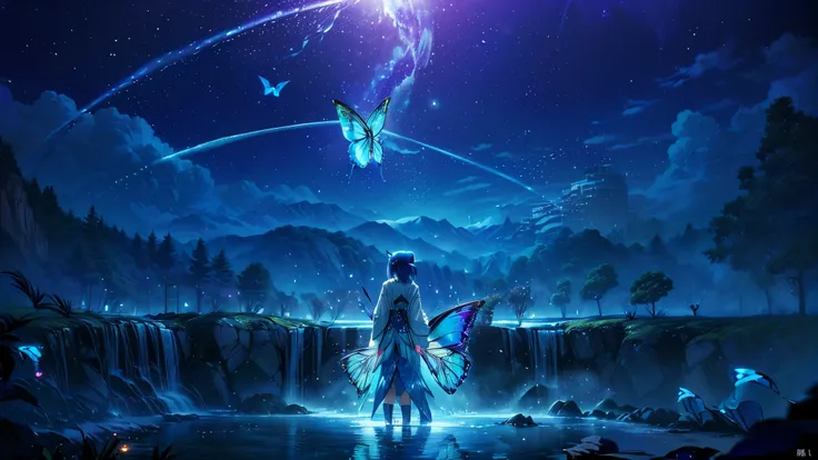 超 high definition,  high definition,  high quality , Spectacular Scenery ,((息をのむような美しい Milky Way銀河))),((( large groups of cobalt blue morpho butterflies flying above the water)).((morpho butterflies shining like neon signs)), shot with a fisheye lens ,((( ...