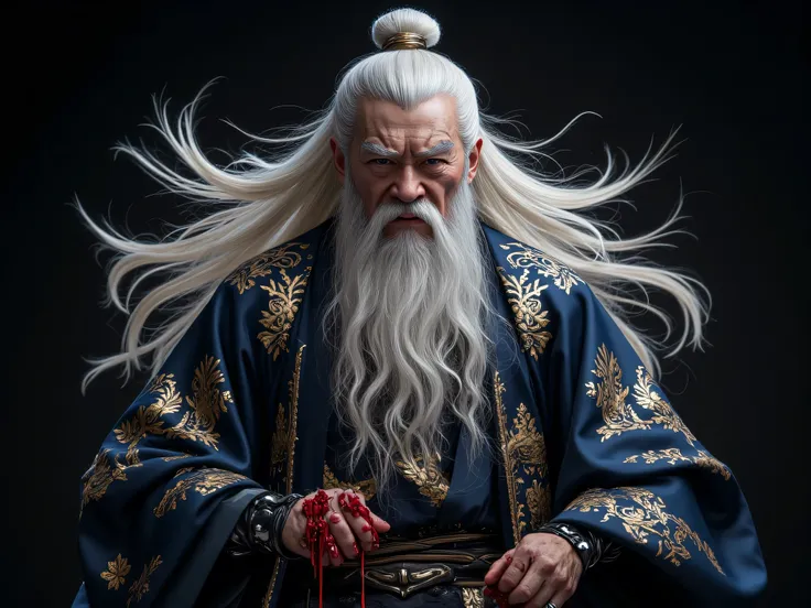 Long white hair，Fell to the ground , black background, angry, Fierce face color ,  red discharge from the mouth,  chest handle, hair tie , Long white hair and beard , White-haired god,  long white beard ,  Taoism ,  long white hair รายละเอียด,  long white ...