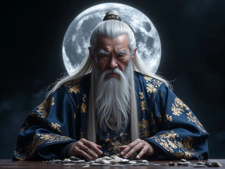 Long white hair，Sit at the table of the head of the family,  at night , Dark sky, black background, Beautiful moonlight, Moonlight shines through the window, Throw a broken vase., In ancient Chinese style tamnak, hair tie , Long white hair and beard , Whit...