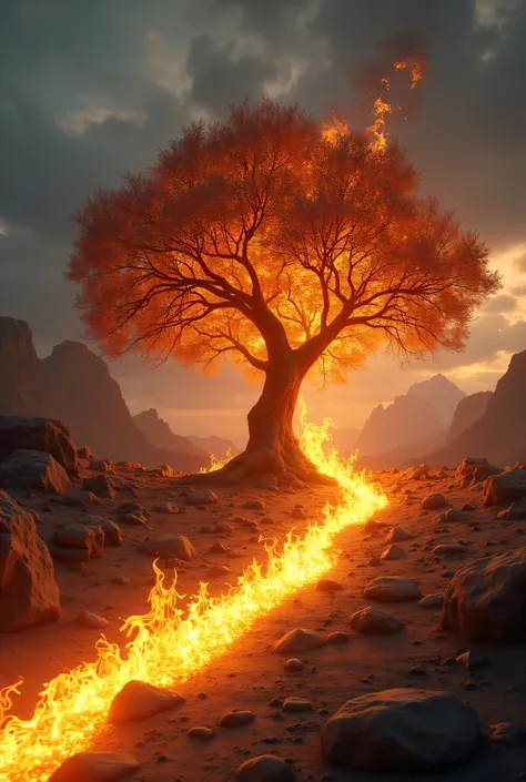 Recreate a realistic image of the Burning Bush recounted in the Book of Exodus according to the Bible, Fire must trace a path that symbolizes being attracted by the presence of God 