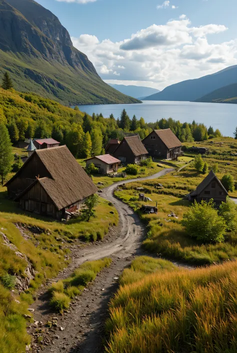 **Prompt:** ancient medieval era, Capture a stunning ultra-definition photograph that embodies the essence of a hyper-realistic crowdy Viking tribe village settlement nestled in a serene fjord. Viking traditional tribal housing. Muddy road, and Utilize a N...