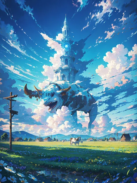 Dancing in the blue sky(Leviathan:1.1),vision,Calm day,  Detailed Clouds , Field, Grazing Cows , flower,  Far Away Homes ,  fence, wood, is nice