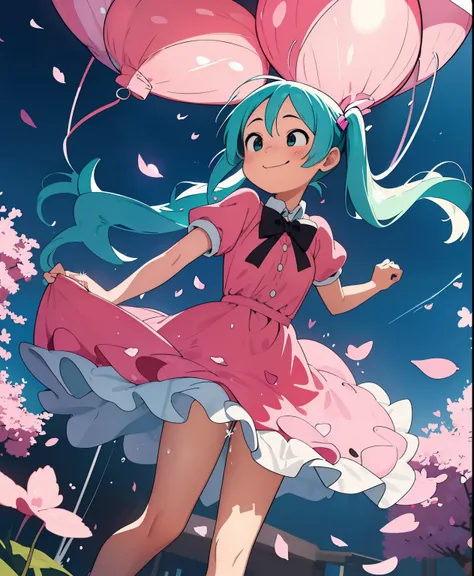 ( masterpiece、 best quality、 best quality、Official art、  beautiful and beautiful  :1.2)、(one girl:1.3) Hatsune Miku、twin tails, beautiful breasts,I'm wearing cherry blossom petals are dancing in the city at night , She is standing under a cherry blossom tr...