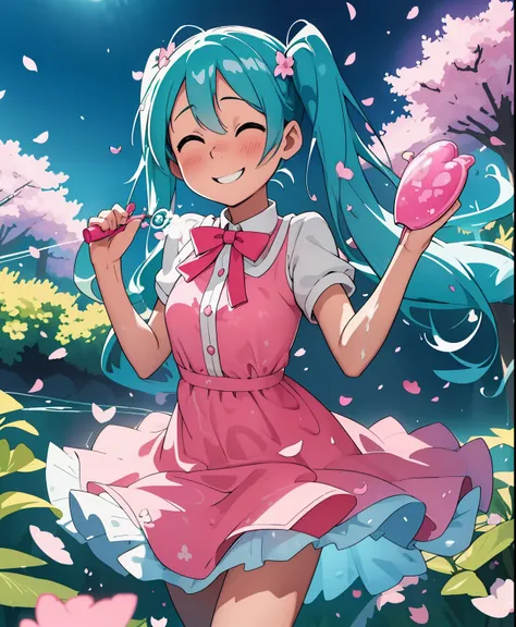 ( masterpiece、 best quality、 best quality、Official art、  beautiful and beautiful  :1.2)、(one girl:1.3) Hatsune Miku、twin tails, beautiful breasts,I'm wearing cherry blossom petals are dancing in the city at night , She is standing under a cherry blossom tr...